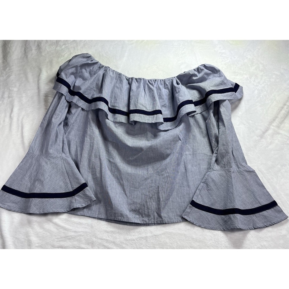 Doe & Rae  Lg Women's Blue Pullover Off Shoulder Ruffle Cotton Top‎ Bell Sleeves